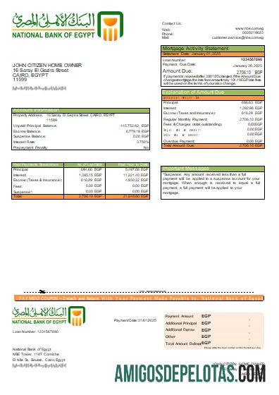Declaração de hipoteca bancária do Banco Nacional do Egito do Egito Scr amostra